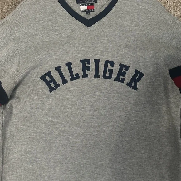 Tommy Hilfiger Gray V-Neck Sweater with Navy Trim 2003 - Picture 2 of 6